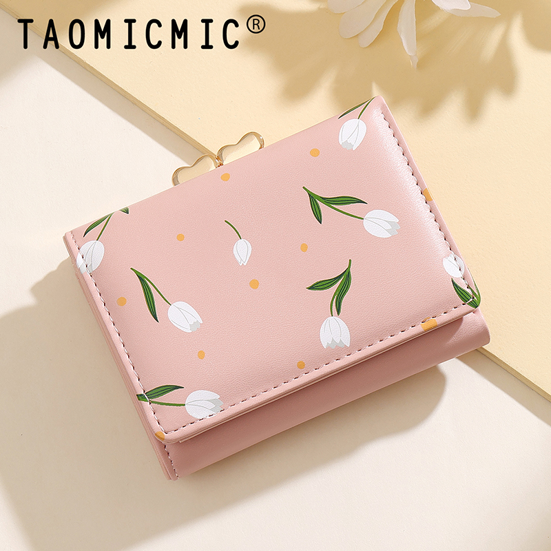 TAOMICMIC Women's Short Wallet PU Leather Tulip Print Heart Kiss Lock Compact For Gift(Y9483) - 图片 5