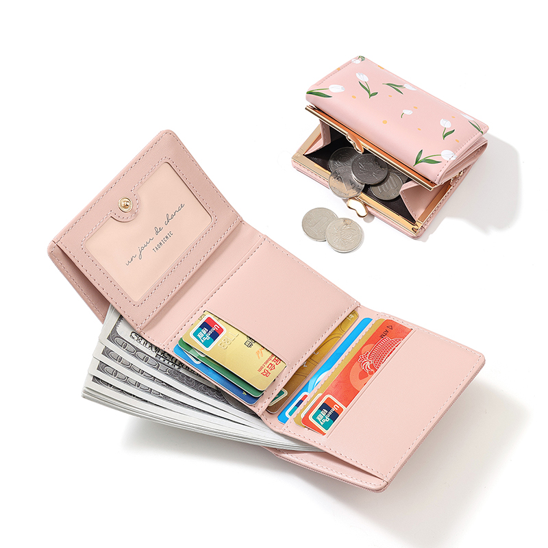 TAOMICMIC Women's Short Wallet PU Leather Tulip Print Heart Kiss Lock Compact For Gift(Y9483) - 图片 4