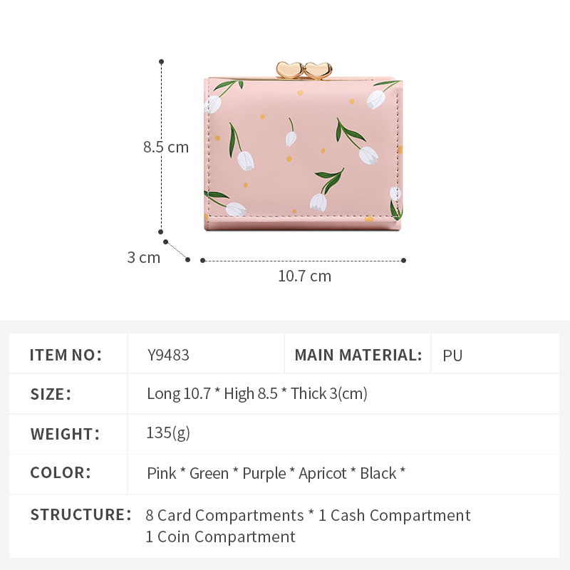 TAOMICMIC Women's Short Wallet PU Leather Tulip Print Heart Kiss Lock Compact For Gift(Y9483) - 图片 3