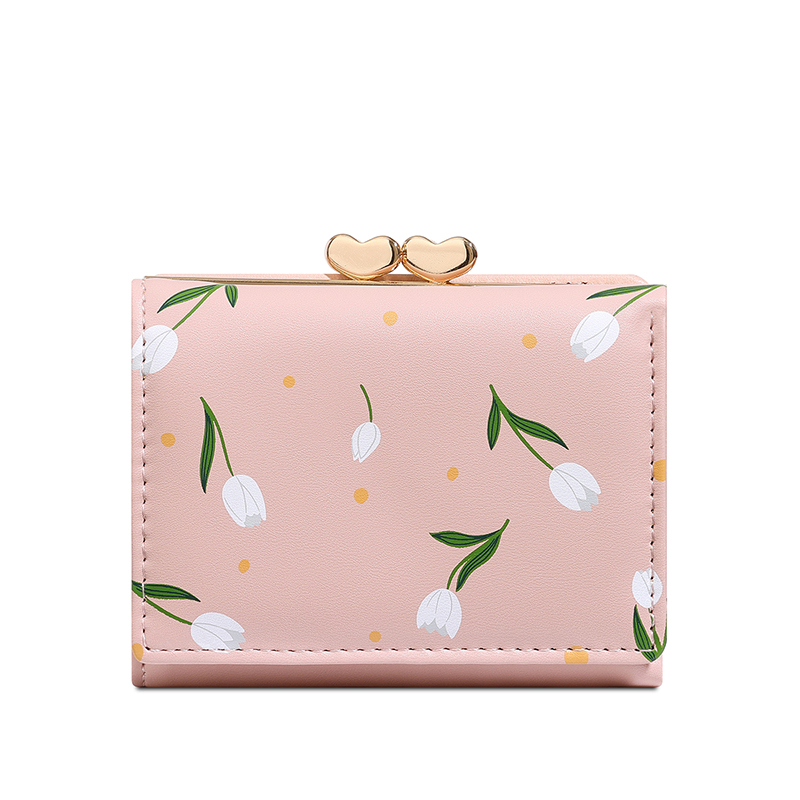 TAOMICMIC Women's Short Wallet PU Leather Tulip Print Heart Kiss Lock Compact For Gift(Y9483)