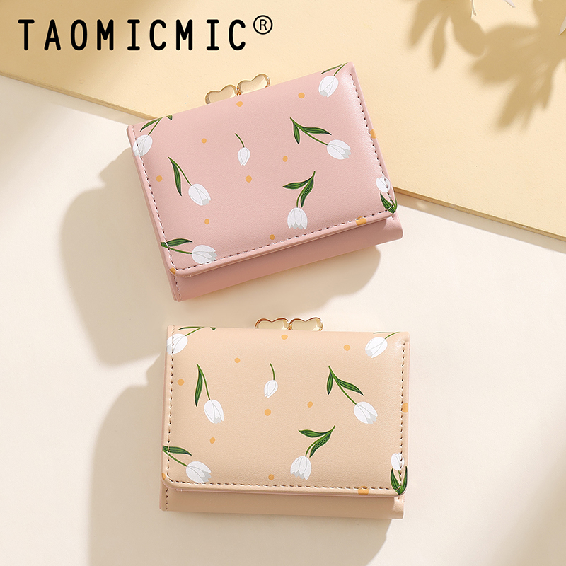 TAOMICMIC Women's Short Wallet PU Leather Tulip Print Heart Kiss Lock Compact For Gift(Y9483) - 图片 6