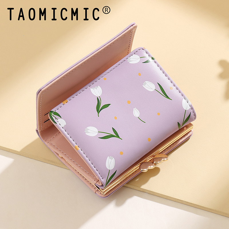TAOMICMIC Women's Short Wallet PU Leather Tulip Print Heart Kiss Lock Compact For Gift(Y9483) - 图片 7