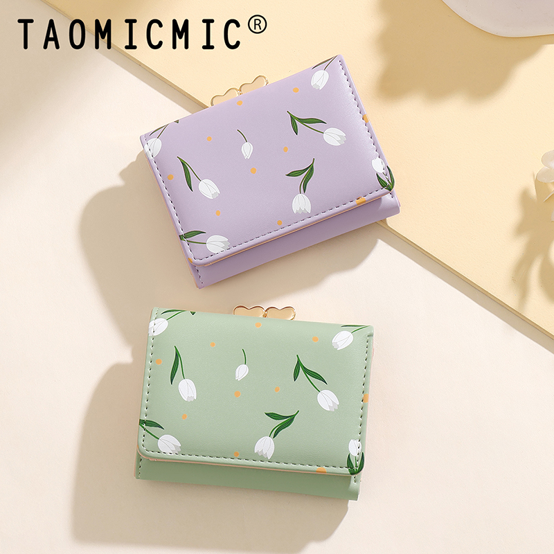 TAOMICMIC Women's Short Wallet PU Leather Tulip Print Heart Kiss Lock Compact For Gift(Y9483) - 图片 8