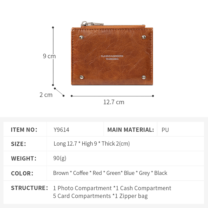 TAOMICMIC Women's Short Wallet Minimalist PU Leather Rivet Zipper Portable Coin Pocket For Gift (Y9614) - 图片 3